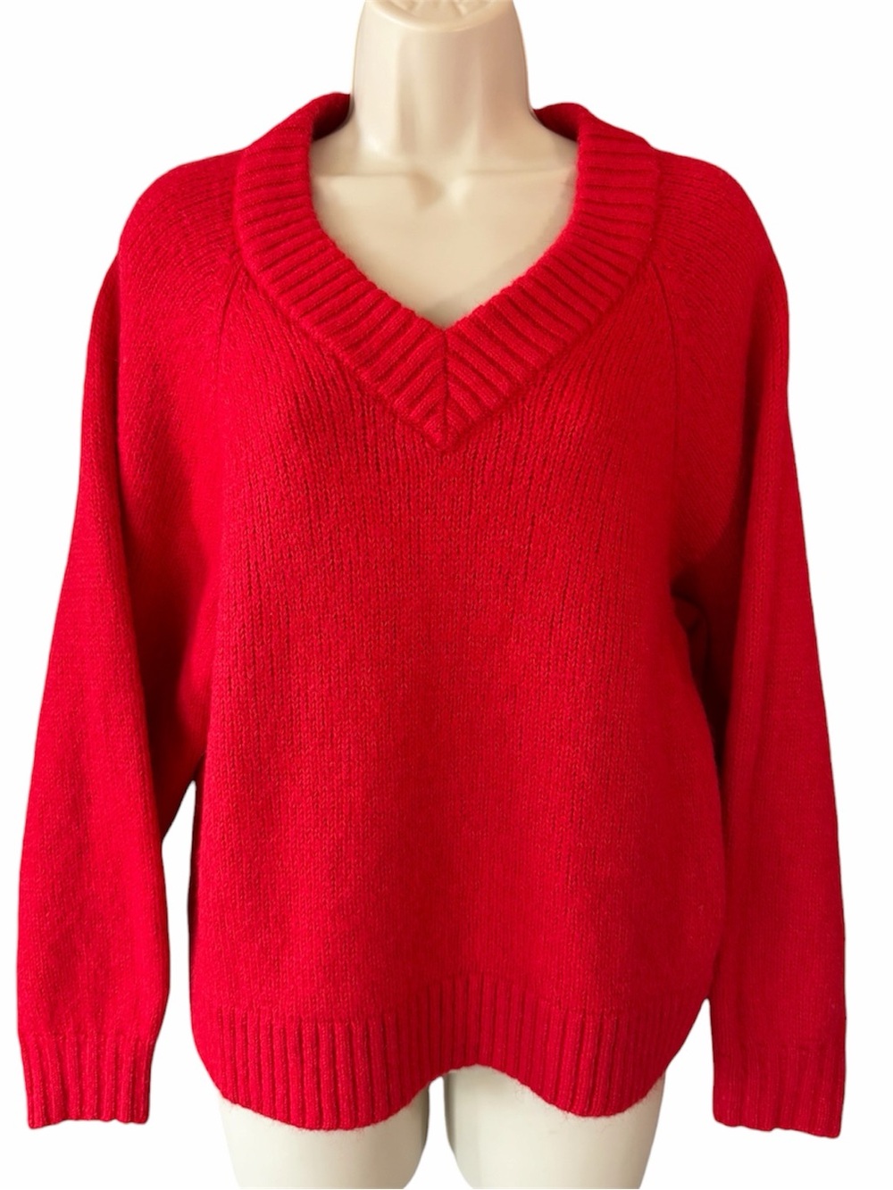 Old Navy Red Sweater LG Cropped Ribbed V-Neck Collar Wool Blend Soft Layering